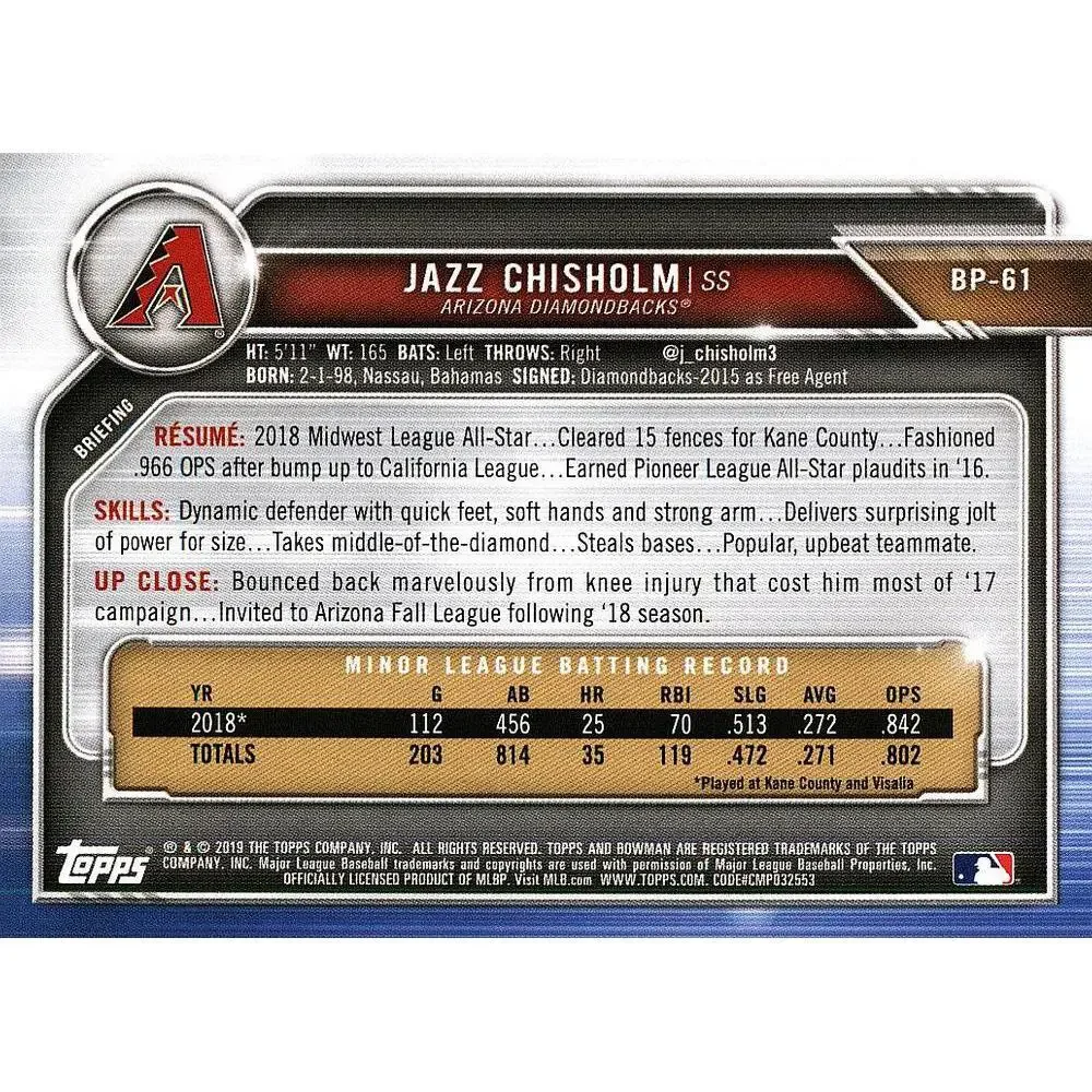 2019 Bowman Prospects Jazz Chisholm #BP-61 Arizona Diamondbacks